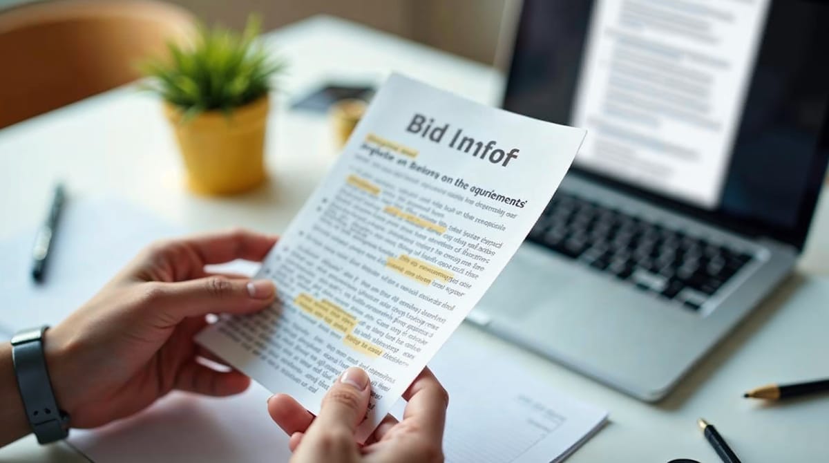 Manos sujetando una oferta de empleo con requisitos destacados junto a un portátil