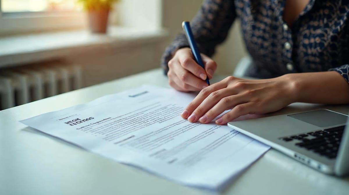 Profesional editando su currículum en un portátil con una oferta de empleo impresa al lado