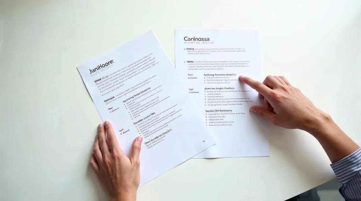 Comparación de currículum de una página y dos páginas sobre un escritorio