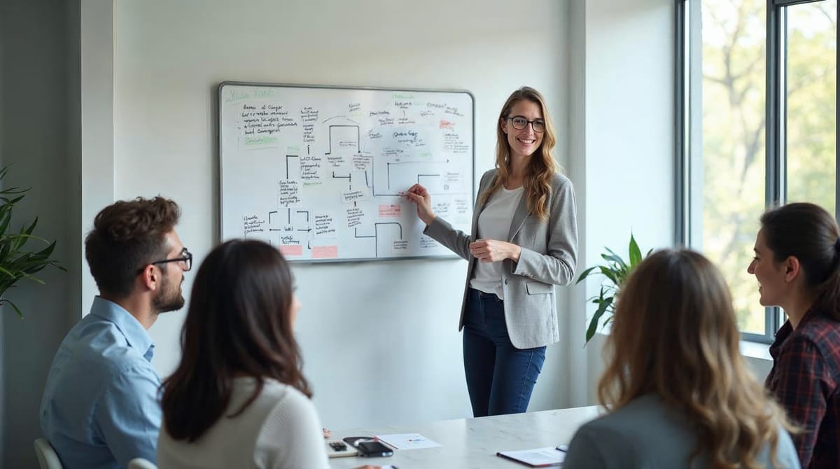 Equipo de marketing planificando estrategia digital en sala de reuniones moderna