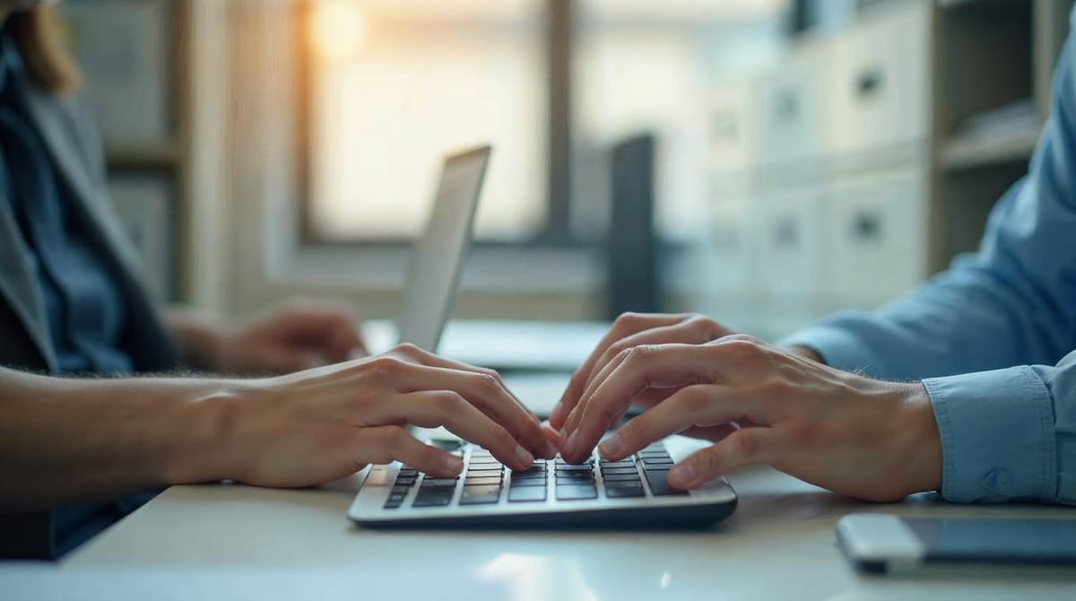 Manos tecleando en un despacho administrativo moderno con archivadores al fondo