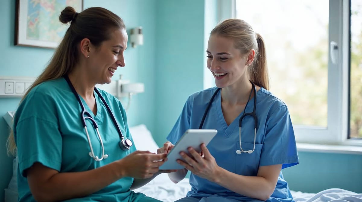 Enfermera revisando medicación con tablet en habitación de hospital junto a paciente