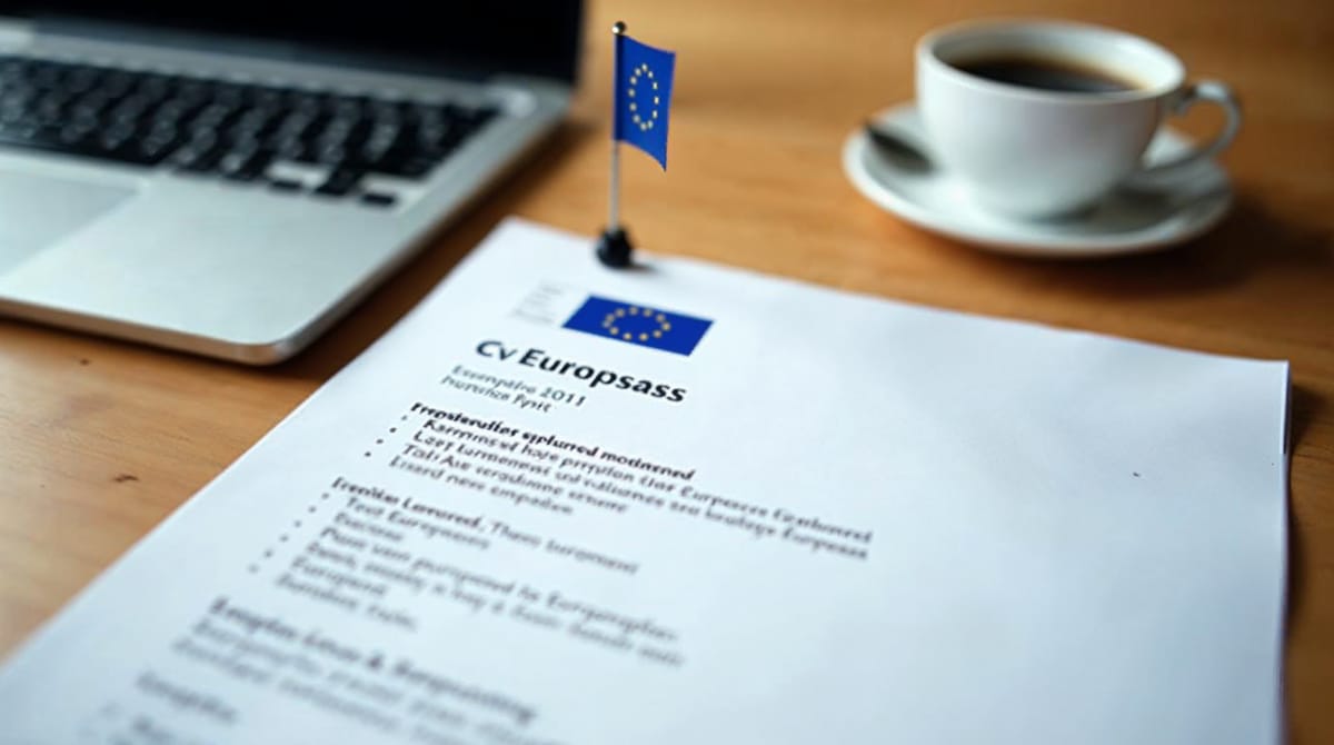 Documento de CV Europass impreso junto a un portátil en un escritorio de oficina