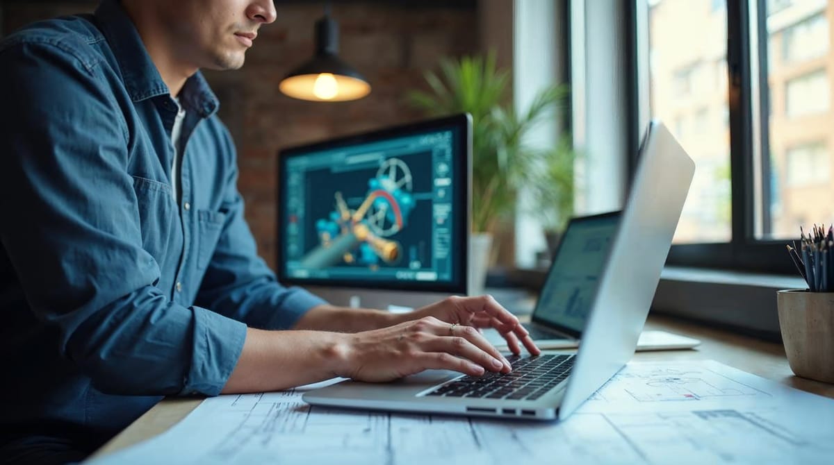Ingeniero trabajando con software CAD en un portátil revisando planos técnicos en su mesa