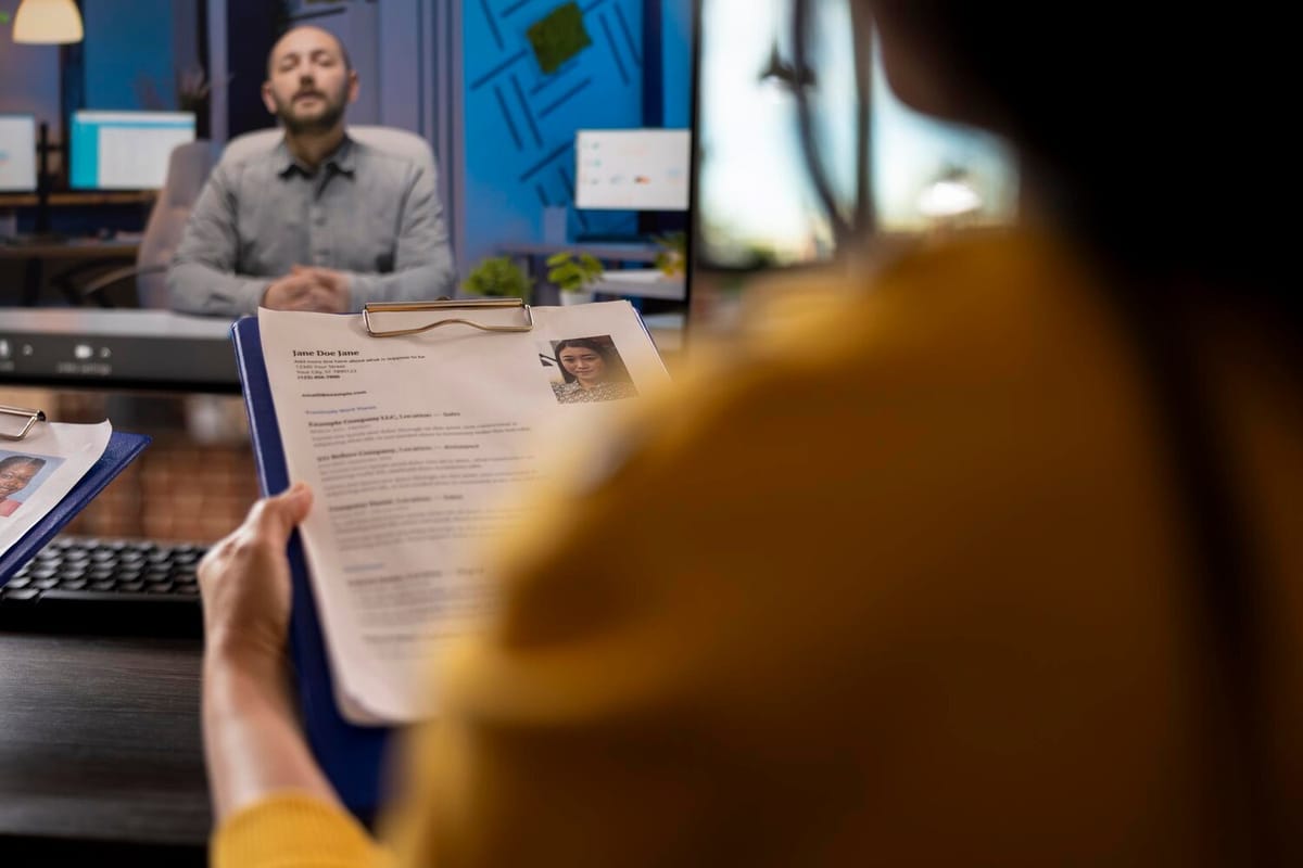 Profesional revisando un currículum en una reunión virtual