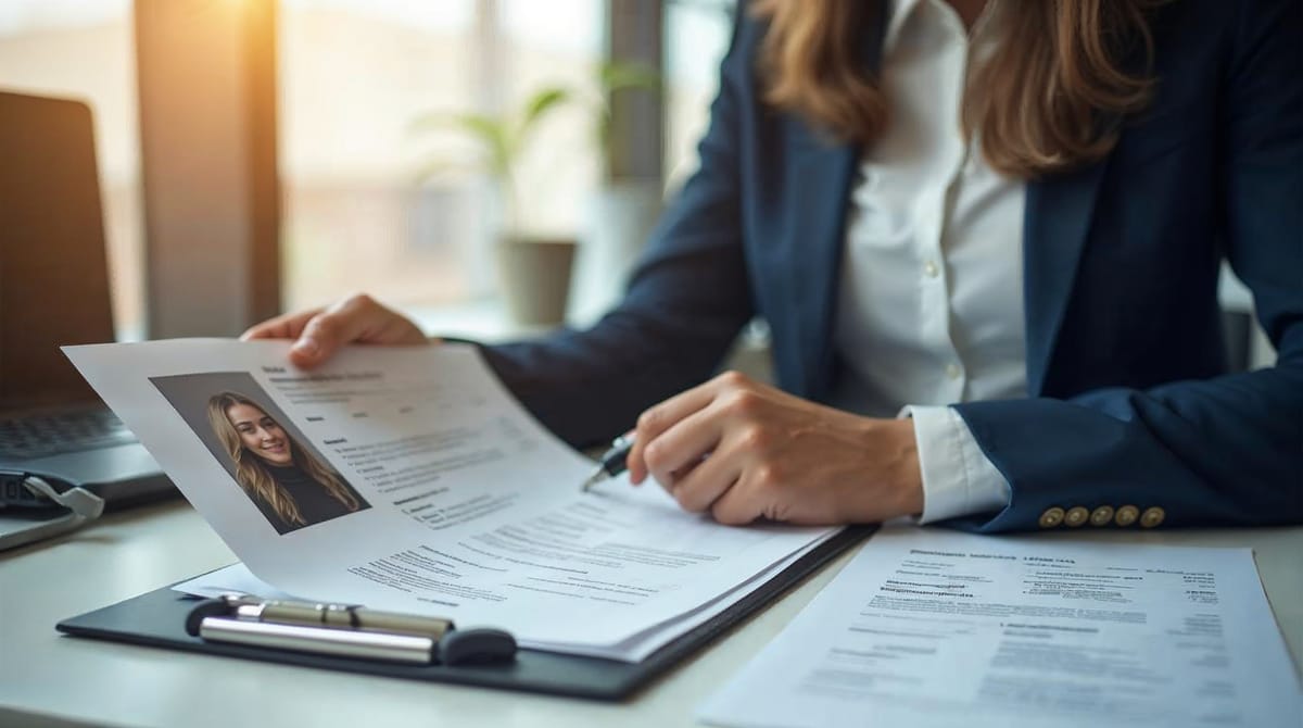 Reclutador revisando un currículum impreso en una oficina moderna