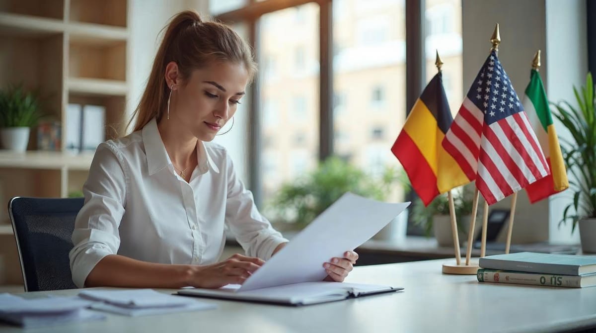 Profesional revisando documentos en oficina con materiales de idiomas