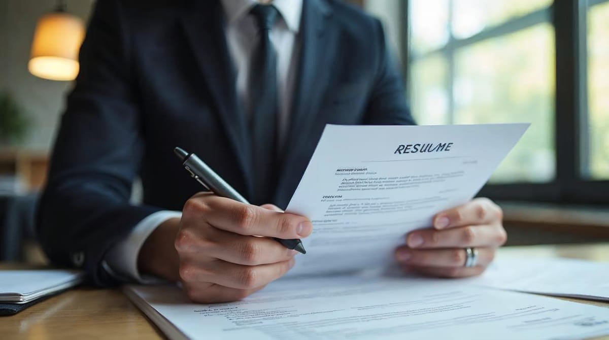 Reclutador revisando un currículum vitae durante un proceso de selección