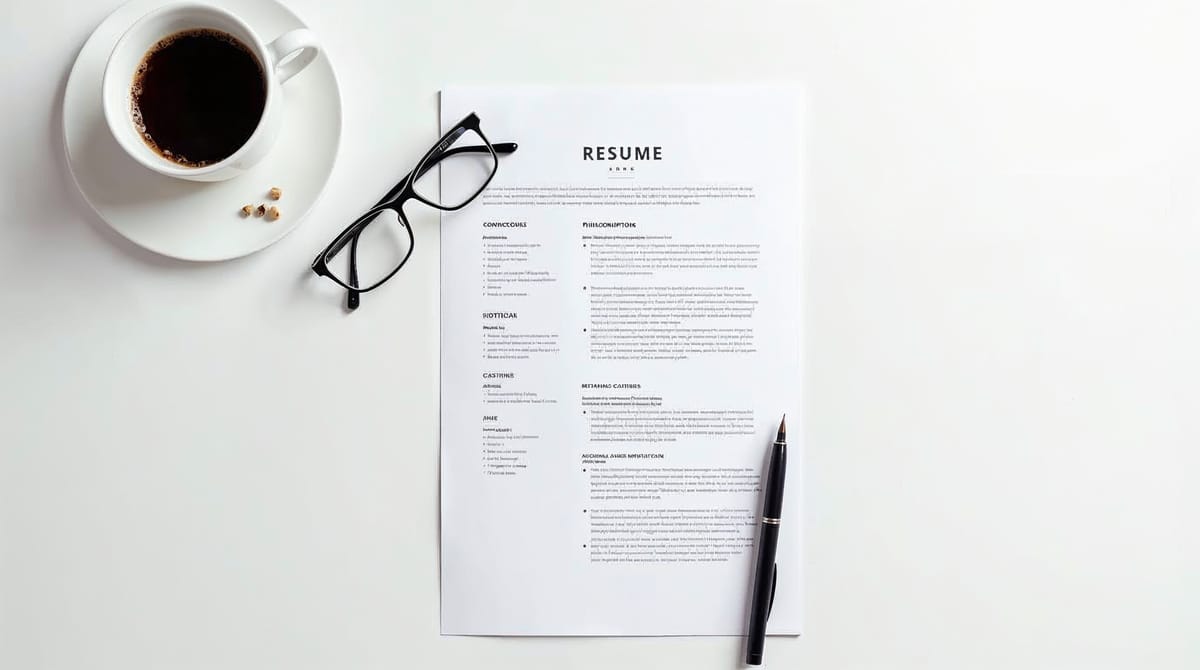 Currículum vitae con sección de perfil profesional destacada sobre un escritorio ordenado