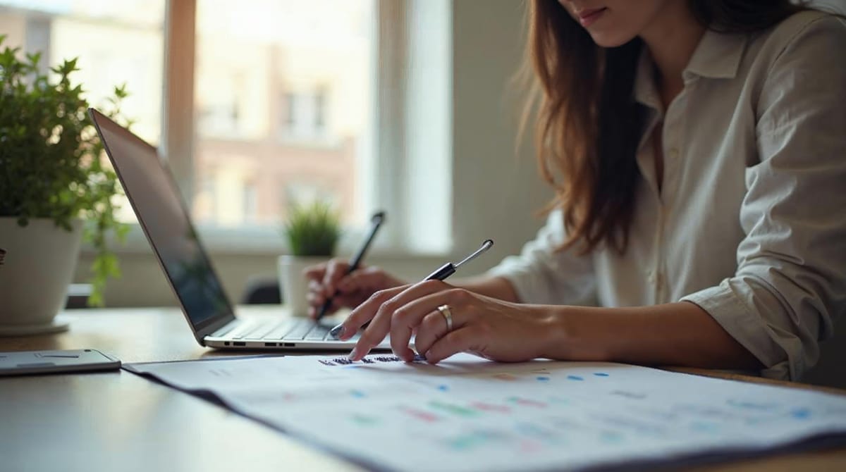 Profesional redactando el perfil profesional de su currículum en un portátil en una oficina moderna