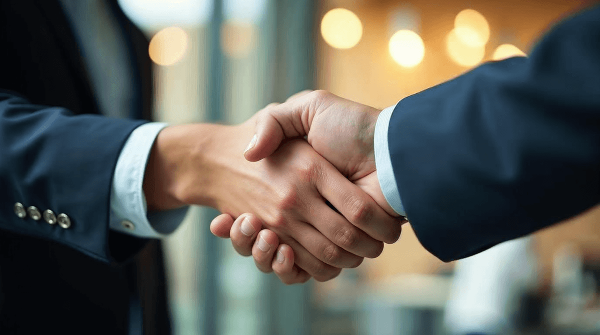 Apretón de manos entre reclutador y candidato tras una entrevista de trabajo exitosa