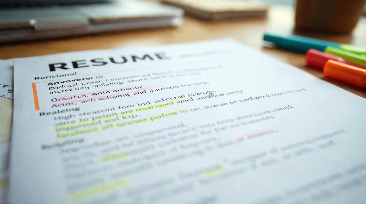 Currículum sobre un escritorio con verbos de acción destacados en colores